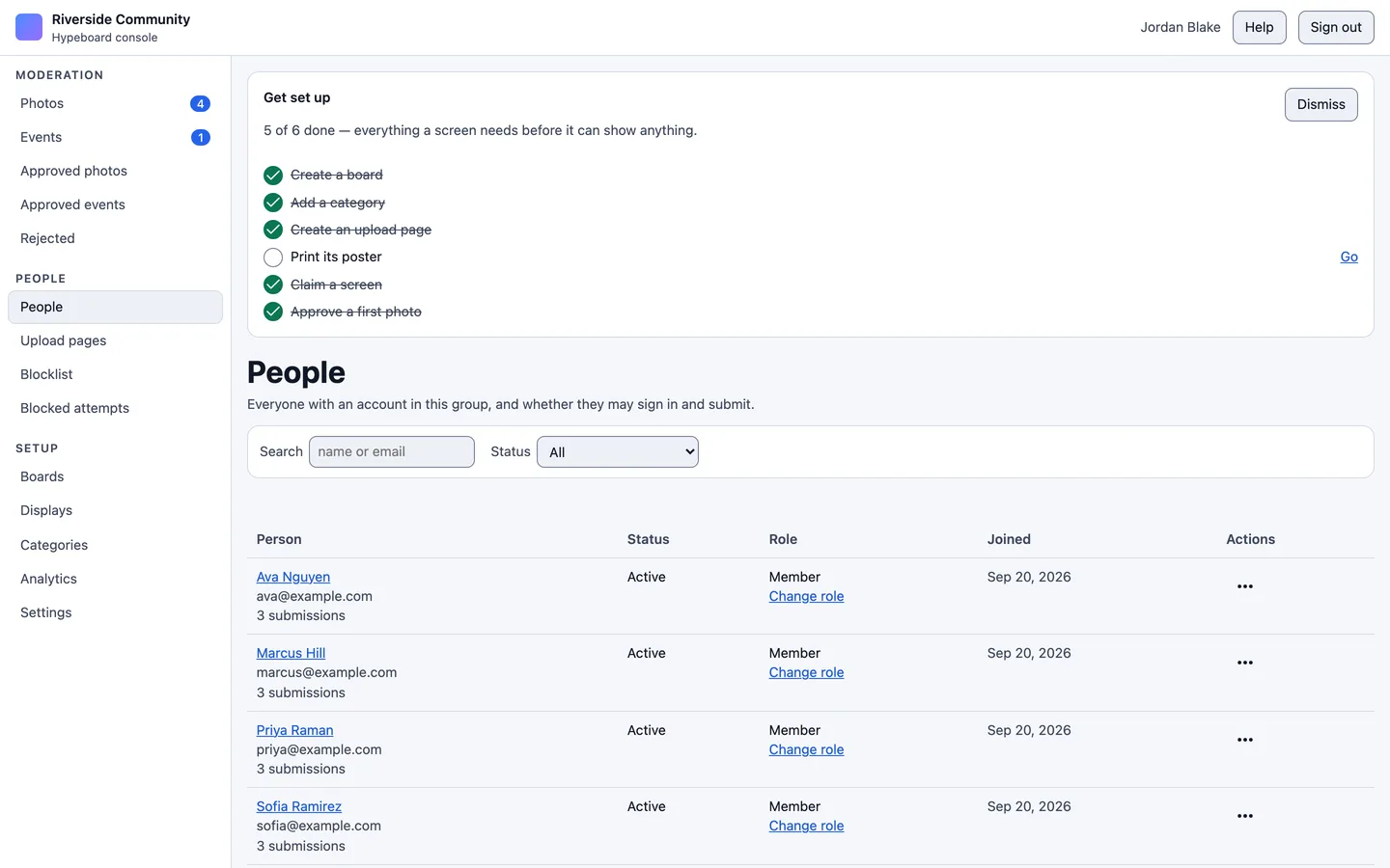 The People screen listing everyone in the organization with their role.