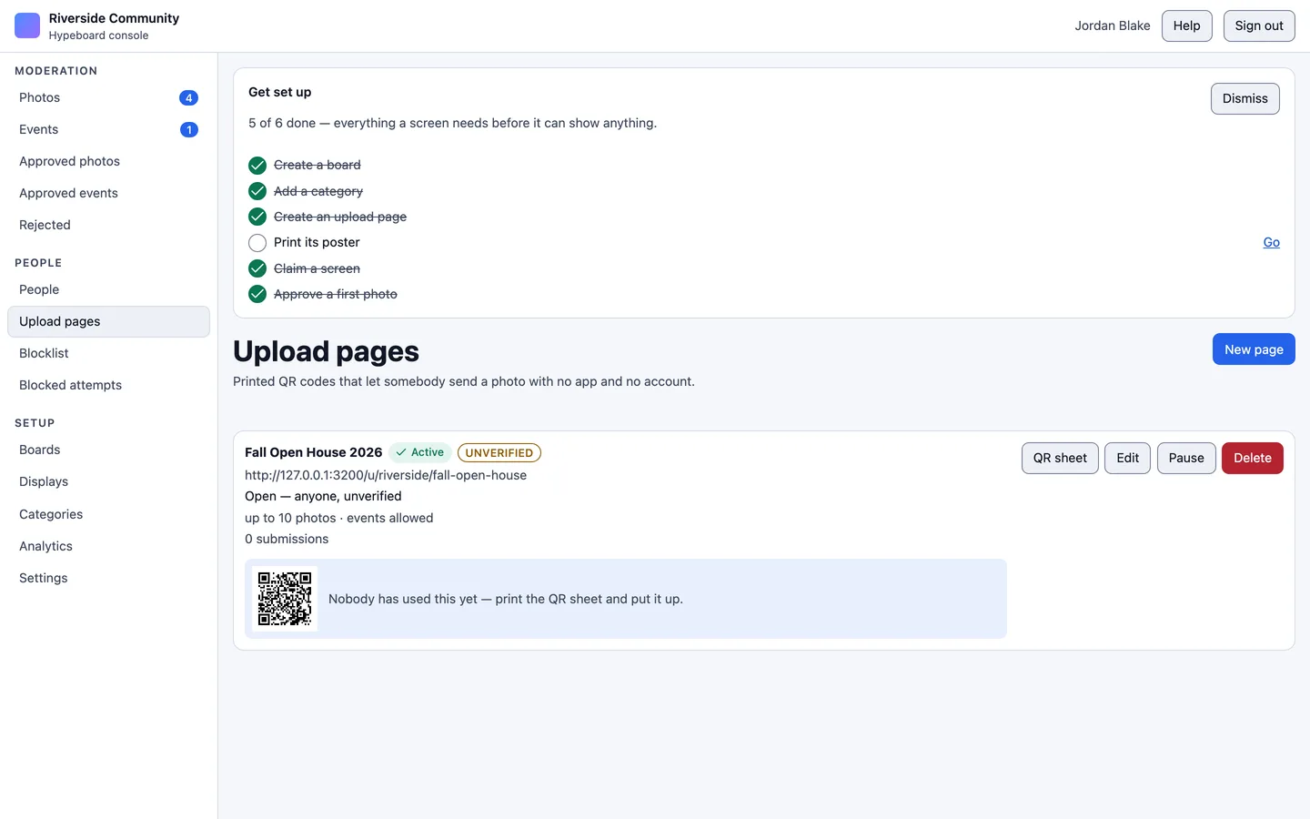The Upload pages screen, listing the QR pages an organization has published.