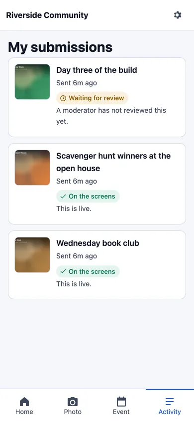 The member app’s Activity tab, listing past submissions and what happened to each.