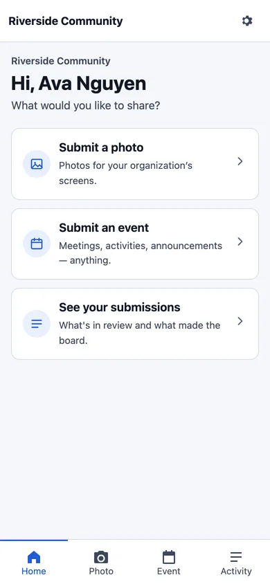 The member app on a phone, offering Submit a photo, Submit an event and My submissions.