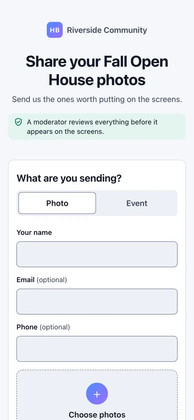 A QR upload page on a phone, with a logo at the top, a photo-or-event choice and a form.
