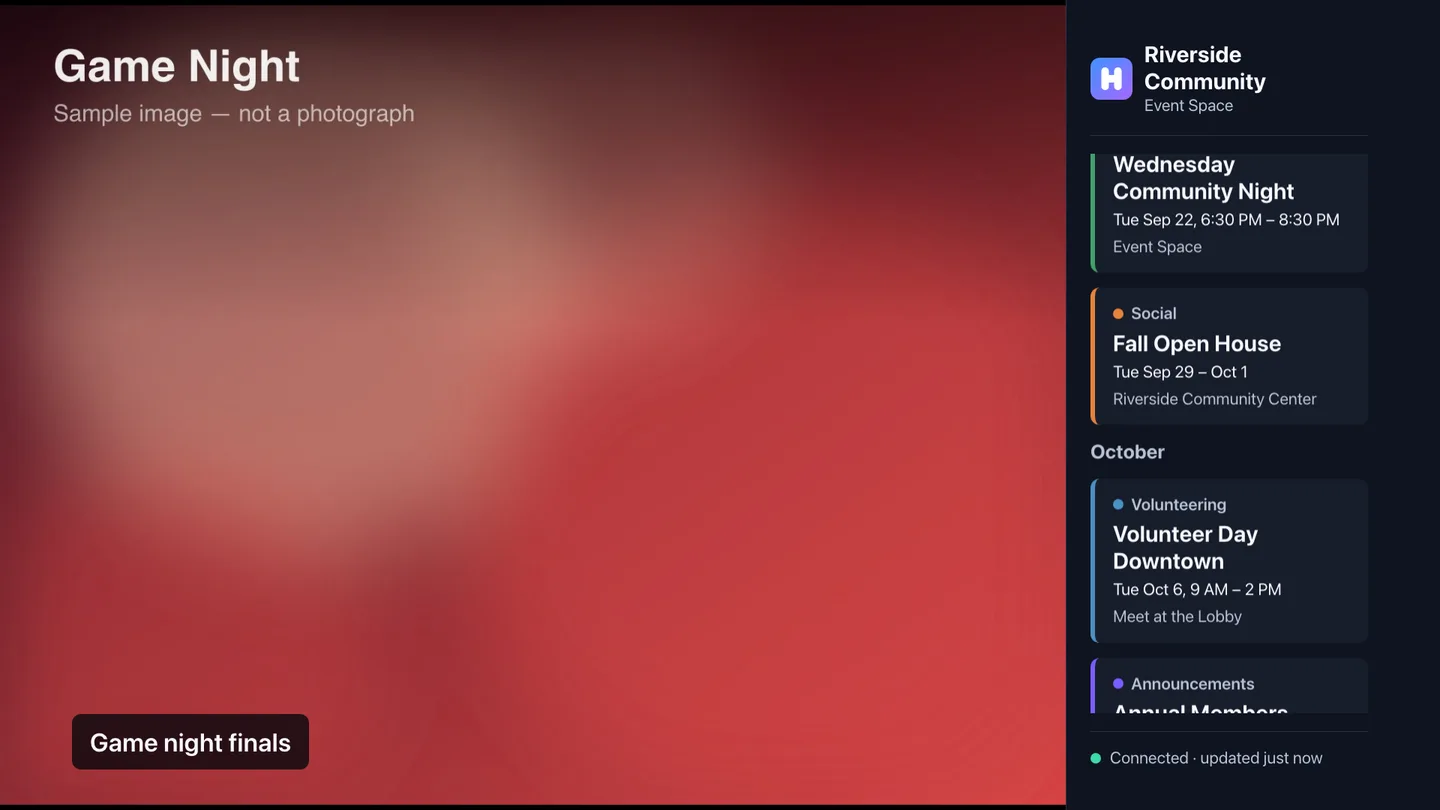 A screen playing a photo full width with an upcoming-events sidebar down the right-hand side.